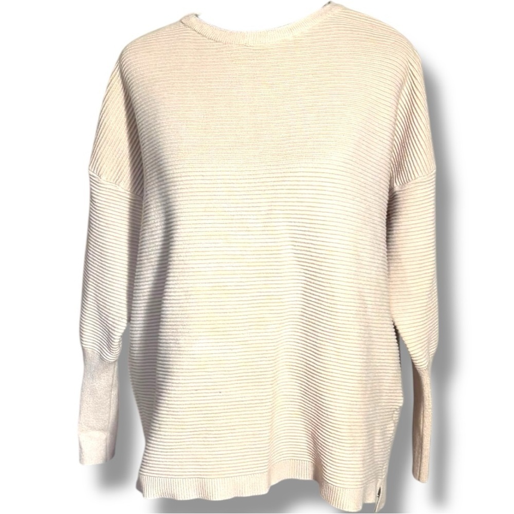 Fashion Cozy Horizontal Rib Knit Lighweight Cream Long Sleeve Crew Neck Sweater